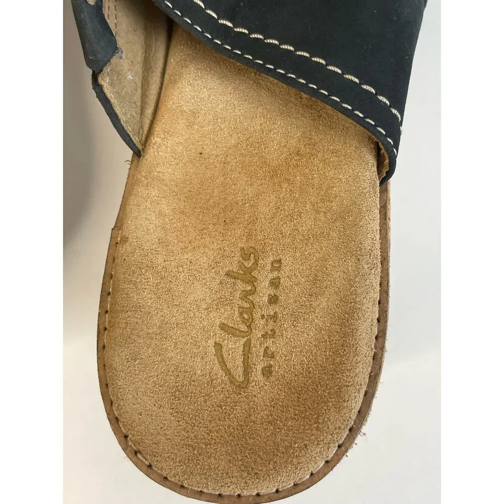 Clarks artisan Black Slip On Wedge Heel Aandals Cork Women’s Size 10 WIDE